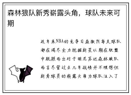 森林狼队新秀崭露头角，球队未来可期